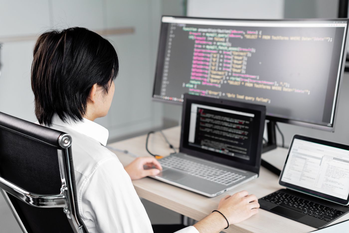 A developer writing code across several screens